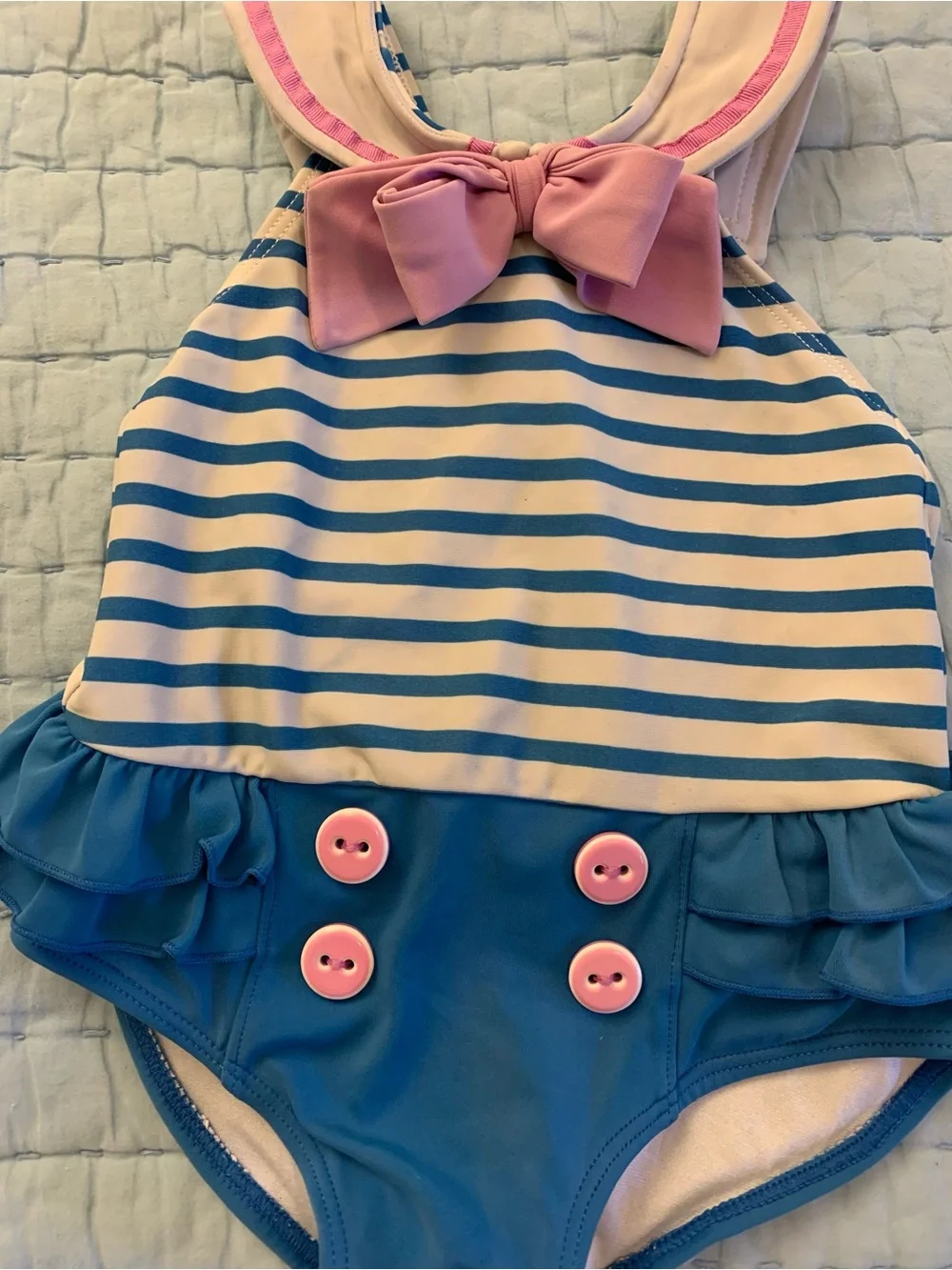 Vintage-Inspired Pink & Blue Striped Bow Sailor-Style One-Piece Swimsuit 12-18M